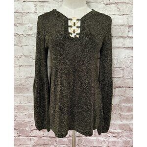 August Silk Womens M Elegant Sweater Black Gold Metallic Shimmer Bell Sleeve